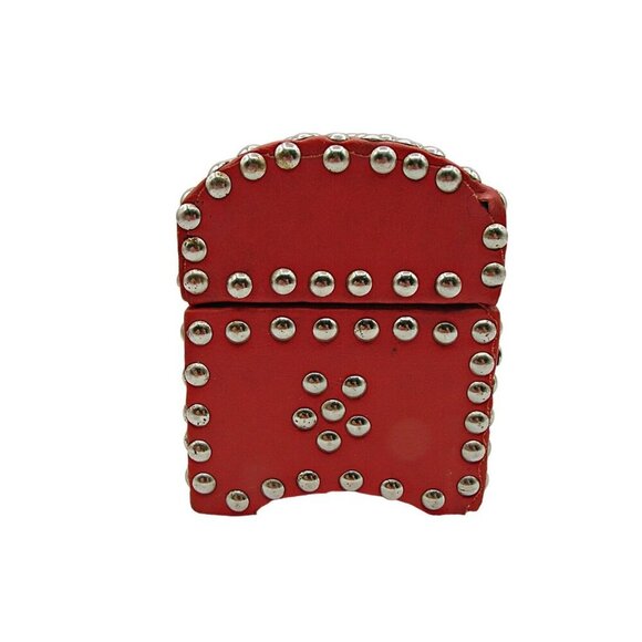 Red Leather Silver Stud Jewelry Trinket Trunk Box 6" Fashion Storage Box No Key - Picture 2 of 12